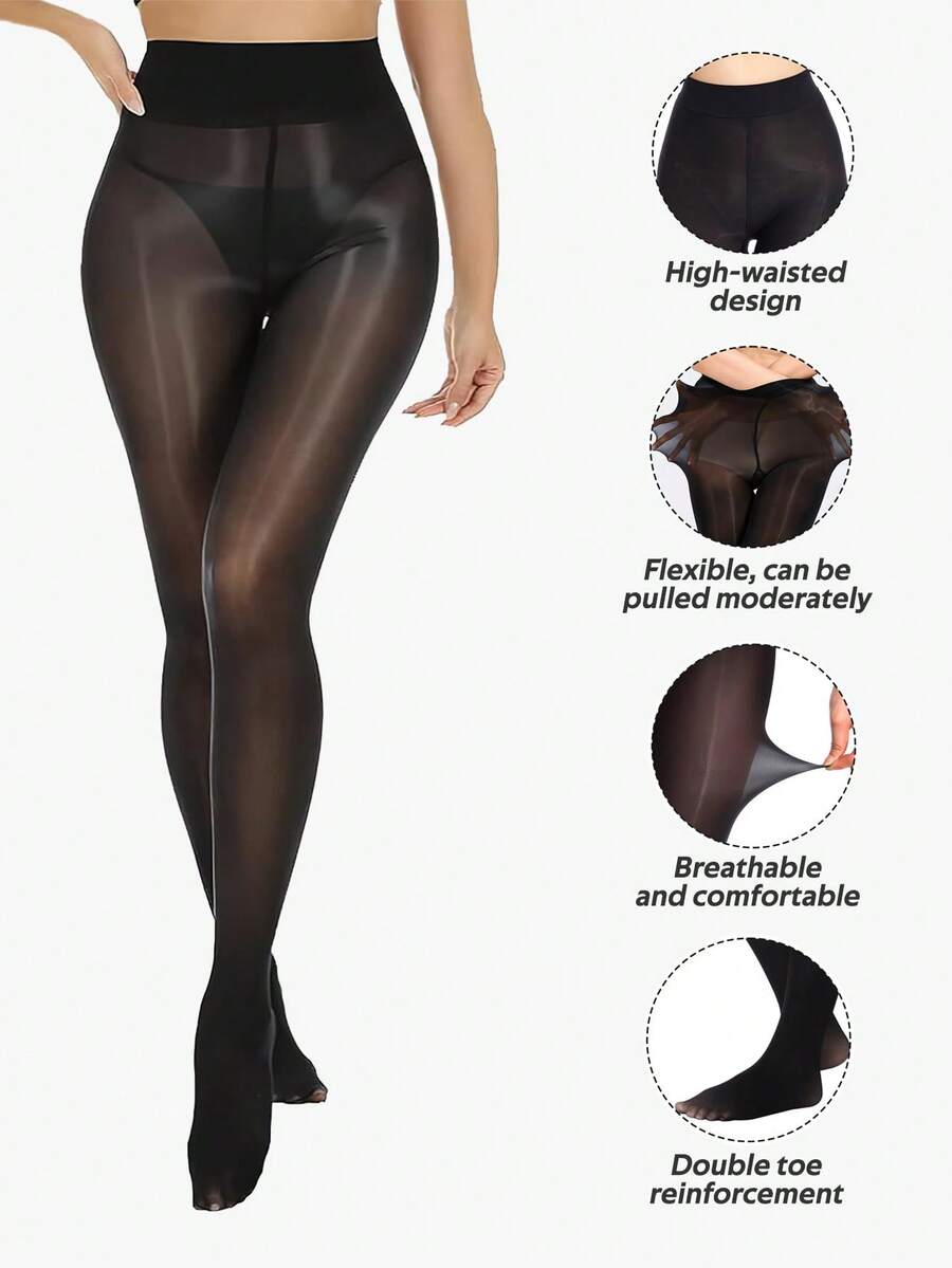 1 Pair Black Shimmer Tights For Women, Shiny Oil Pantyhose Stockings, Oil Bright Shaping Tight Ultra Shiny Sheer Tights High Waist - Multicolor - View 1