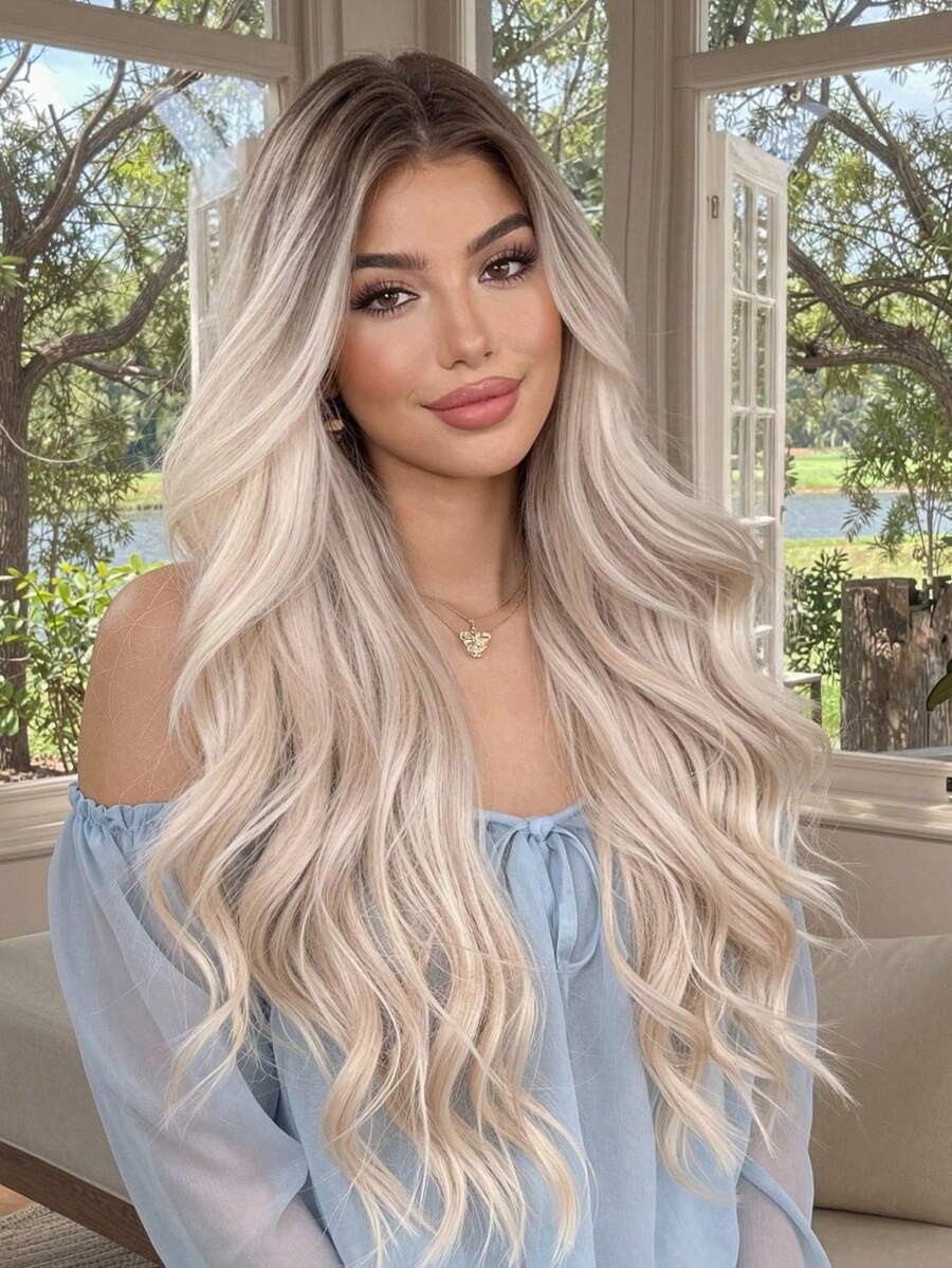 Tóc nối thẳng dài 26 inch, kiểu chữ U, không đường nối, chất liệu tổng hợp, tóc giả kiểu tự nhiên rẽ ngôi giữa màu vàng ombre cho nữ, tóc giả ombre vàng, quà tặng cho bé gái, quà tốt nghiệp/mùa hè, quà tặng sẵn sàng, quà Halloween/Giáng sinh.