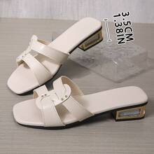 Women's Summer New High Heel Sandals, Fashionable Low Heel Slide Sandals, Outdoor Beach Daily Wear Slip-On Slippers - Beige - View 8