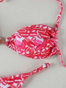 Women's Summer Beach Lip Print Halter Tie Sexy Date Party Bikini Swimsuit Set - Multicolor - View 5