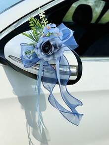 Hochzeitsauto Rückspiegel Blumen Dekoration, Hochzeitsauto Türgriff Satinband Schleifen Blumen Dekoration - 1PC - Übersicht 17