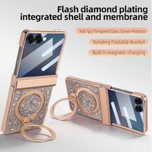 VIETAO Funda protectora para teléfono plegable Galaxy Z Flip 7/6 con Body completo, protector de pantalla de vidrio templado, con soporte circular, lentejuelas y cristales rhinestone, acabado brillante y chapado - Oro champán - Ver 5