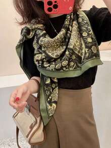 1pc Women's Satin Smooth Texture Cashew Pattern Printed Large Scarf, Suitable For Outings, Holidays And Daily Wear - Green - View 5