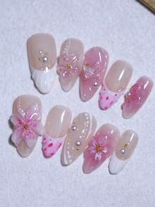Handmade 3D Flower And Shell French Style Nail Art Design Manual Nails With Butterfly Nail Decoration 100% Handmade Press On Nails Almond 10 Pcs Fake Nail Tips Reusable For Holiday And Daily Life Fast Stick Nail Products Nail Supplies Nails Handmade Press On Nails - Màu hồng đậm - Xem 1