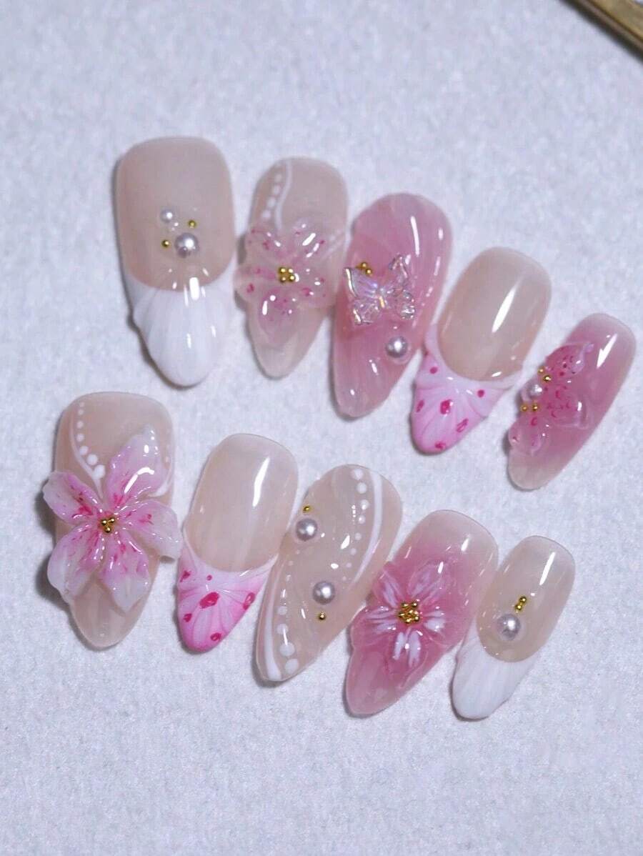 Handmade 3D Flower And Shell French Style Nail Art Design Manual Nails With Butterfly Nail Decoration 100% Handmade Press On Nails Almond 10 Pcs Fake Nail Tips Reusable For Holiday And Daily Life Fast Stick Nail Products Nail Supplies Nails Handmade Press On Nails - Màu hồng đậm - Xem 1