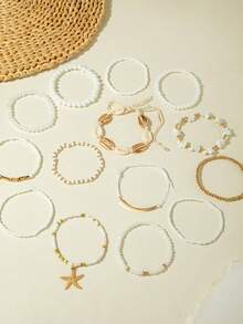 Set de 7 piezas/14 piezas de pulseras trenzadas con estrellas de mar de vidrio estilo bohemio, un regalo precioso para mujeres en vacaciones de playa - Multicolor - Ver 6