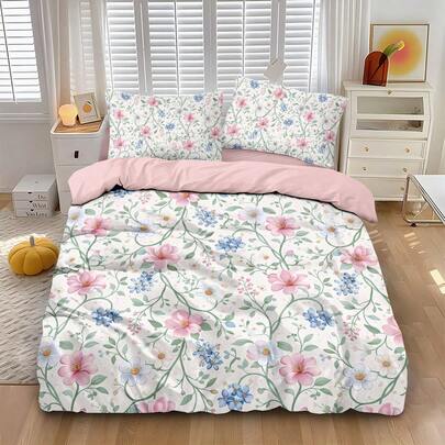 三件套水彩花卉床上用品（1个被套+2个枕套，不含枕芯），色彩鲜艳的清新田园数码印花套装，柔软亲肤，四季皆宜。拉链封口，可机洗，是酒店、卧室、房间、宿舍装饰的理想之选，轻柔舒适，完美契合柔和自然的家居风格，也是馈赠佳品。
