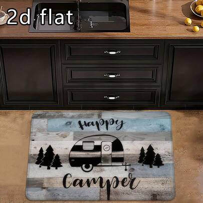 1/2/3 stuks Happy Camper thema keuken absorberende opvouwbare mat, antislip gebreide polyester stof, kleurecht ontwerp, rechthoekig houtnerf campingdecoratie, vlekbestendig vloerkleed, machinewasbaar, deurmat voor de entree, badkamermat