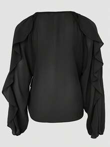 Versatile Casual Commuting Office Asymmetrical Ruffled Semi-Sheer Beige Shirt, Suitable For Dates, Everyday Wear, Beach Vacation, Ruffled Decor Adds Softness, Pair With Jeans For Casual Chic, Or Skirts For Elegant Office Looks - Black - View 5