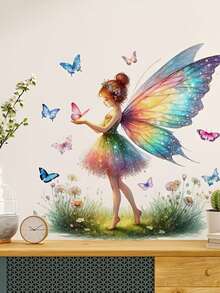1pc Dreamy Rainbow Butterfly Fairy & Pink Heart Girl Wall Sticker, Glossy PVC Material, Suitable For Home Living Room Wall, Self-Adhesive Removable, Creates Romantic Atmosphere Decor Sticker - Multiple Styles - View 2