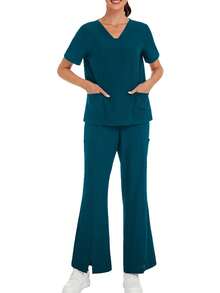 纯色V领短袖上衣和开衩裤实验服护士服套装，宠物医院诊所工作服套装，带口袋，春季款 - 墨綠色 - 查看 6