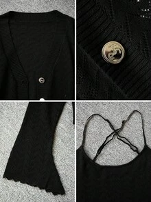 Lightweight Knitted Camisole Cover Up Set For Women, Thin Shawl Collar Shrug Sunscreen Cover Up, Spring/Summer - Black - View 9