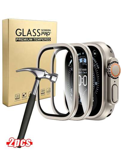 2Pcs For Apple Watch Ultra 3/2 /Ultra Screen Protector 49mm - 9H Tempered Glass + Titanium Alloy Frame [Stay Original] Waterproof HD Glass Film For Watch Ultra 3 49mm, Titanium