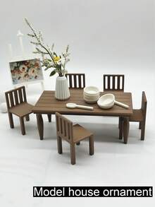 Mesa de Jantar Miniatura de Plástico Impressa em 3D, Decoração de Móveis de Micro Casa de Bonecas, Acessórios Modelo Miniatura para Casa, Adereços de Cena de Restaurante de Casa de Bonecas, Mesa Pequena, Cadeira com Encosto, Vaso, Modelos de Móveis em Micro Escala, Adereços de Fotografia de Micro Cena - Mesa de nogueira - Visão 2