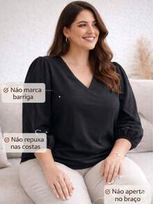 Women's 3/4 Sleeve Blouse In Duna Crepe, Elegant, Workwear, Plus Size (GG, G1, G2, G3), Evangelical Fashion - Black - màu đen - Xem 5