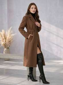 Women's Elegant Luxury La Batida Overcoat With Waist Belt, Autumn/Winter Style, For Women, Cold Weather Clothing, Brown, Black, Beige - 鏽棕色 - 查看 2