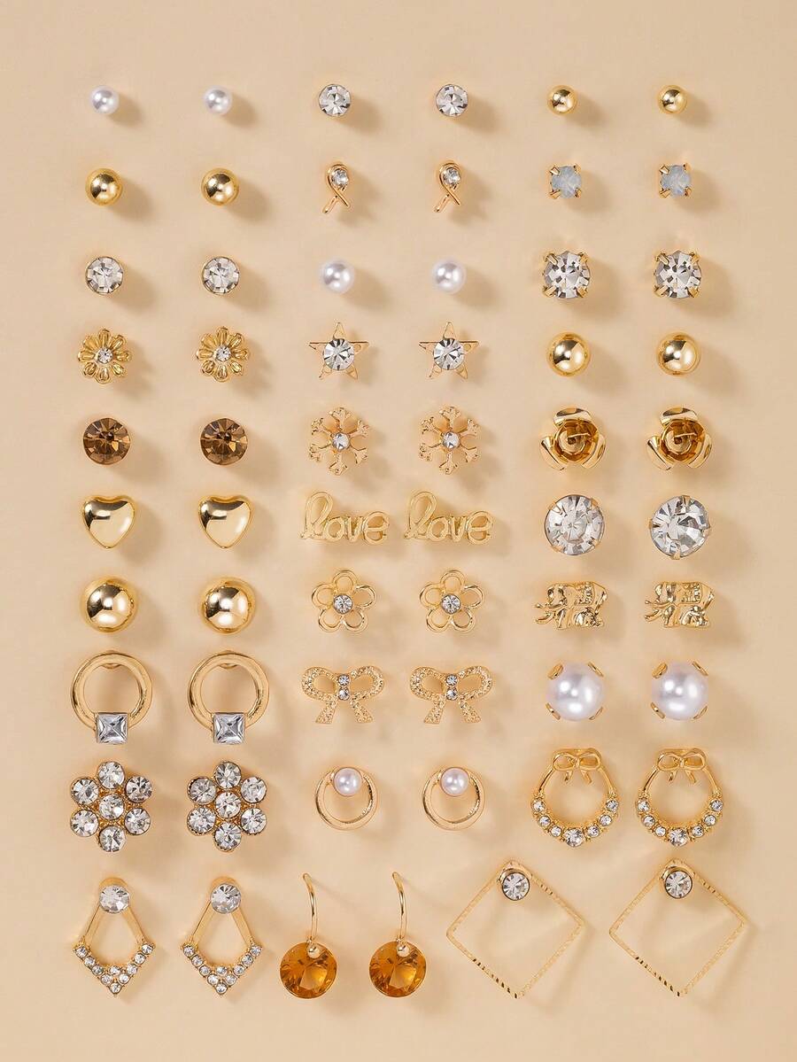30对优雅花朵、水钻、蝴蝶结、仿珍珠等多种金属耳环套装，适合日常佩戴、派对、休闲场合，简约设计。 - 金黃色 - 查看 1
