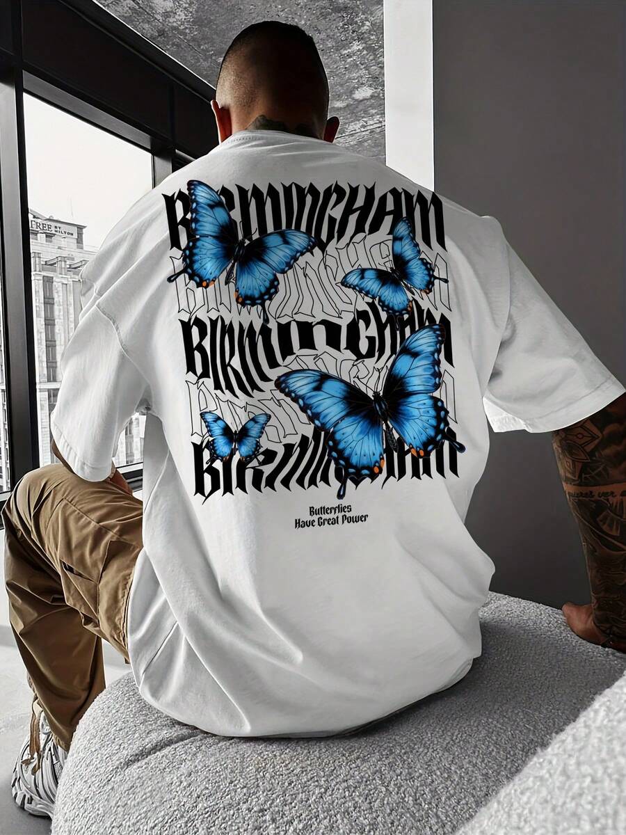 2026 "Dream Blue Butterfly" Men's Fashion Printed Street Style Casual Short Sleeve T-Shirt Spring Summer Top Comfortable Round Neck T-Shirt Y2k - trắng - Xem 1