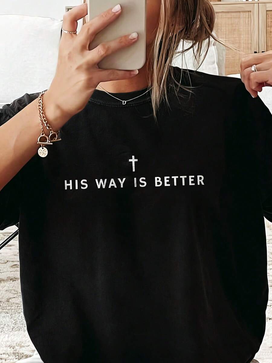 His Way Is Better Christian Shirt Comfortable Color Cute Christian Merch Jesus Shirt Simple Christian Faith Gift For Teenagers Christian Clothing - 黑色 - 查看 1