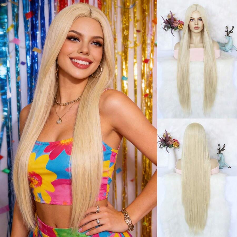High-Temperature Fiber Heat-Resistant Easy-Styling Versatile Voluminous Long Straight Golden Wig, Suitable For Daily Outings, Dates, Cosplay And Other Occasions - Champagne - View 1