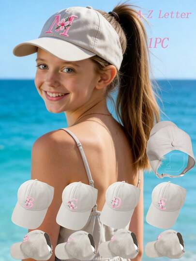 1pc A-Z Letter Back Open Ponytail Baseball Cap, Girls Fashion Sports Peaked Hat, Outdoor Sun Protection Hat