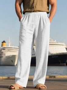 男士透气薄款亚麻宽松休闲运动裤，适合海滩、春夏穿着 - 白色 - 查看 5