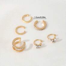 Minimalist Lines With Diamond Studded Ear Bone Clip, Personalized Double-Layer U-Shaped Ear Hole Free, Hot Selling Ear Clip Earrings, Women's Ear Accessories - 金色6件耳夾套裝 - 查看 3