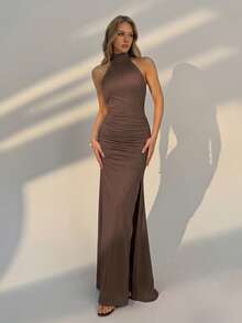 Đầm maxi nữ màu nâu thanh lịch, tối giản - Xẻ tà bên, thắt nơ cổ, phù hợp cho khách dự đám cưới, đi biển, nghỉ hè, đi chơi thường ngày và phong cách tối giản mùa xuân/hè. - Cà phê nâu - Xem 3