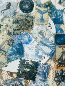 50 pièces Autocollants de timbre postal nautique bleu rétro pour cahier, ordinateur portable, album de découpage, journal, planche à roulettes, guitare, bouteille d'eau, carte postale, fournitures scolaires de décoration DIY - 1 Set - Voir 5