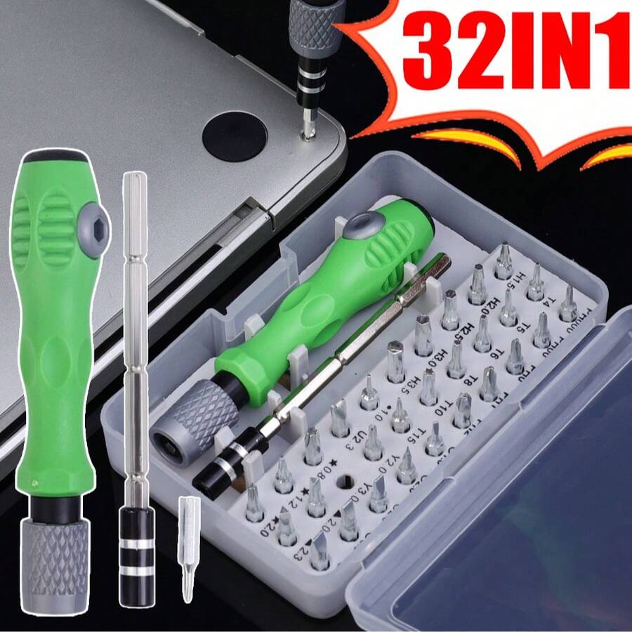 32-In-1 Precision Screwdriver Set - Mini Magnetic And Flat Head Screwdrivers, Ideal For Repairing Cars, Furniture, Smartphones, Cameras, And Essential Industrial & Household Tool - Green - View 1