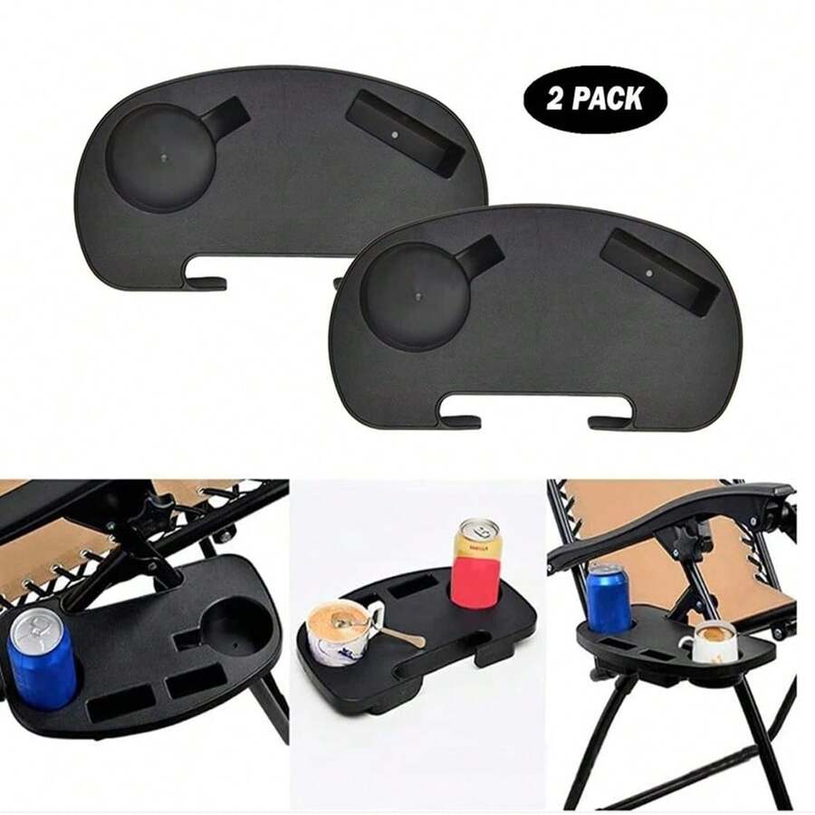 2Pcs Clip On Camping Chair Side Table With Cup Holder & Phone Storage Tray Outdoor UK - Black - View 1