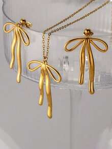 3件套浪漫蝴蝶结项链，不锈钢吊坠饰品，时尚韩式丝带项链礼品，优雅不锈钢派对饰品 - 金色 - 查看 5