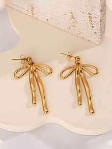 3件套浪漫蝴蝶结项链，不锈钢吊坠饰品，时尚韩式丝带项链礼品，优雅不锈钢派对饰品 - 金色 - 查看 4