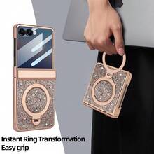 VIETAO Funda protectora para teléfono plegable Galaxy Z Flip 7/6 con Body completo, protector de pantalla de vidrio templado, con soporte circular, lentejuelas y cristales rhinestone, acabado brillante y chapado - Oro champán - Ver 3
