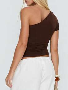 New Fashionable Elegant Solid Color Asymmetric Hem Ruched Waist Knit Top, Suitable For School, Vacation, Daily Wear, Date Casual Summer - Coffee Brown - View 2