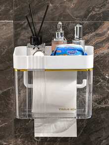 1pc Transparent Waterproof Tissue Box, Wall-Mounted Roll Paper Tissue Box Storage Rack - Grey - View 8