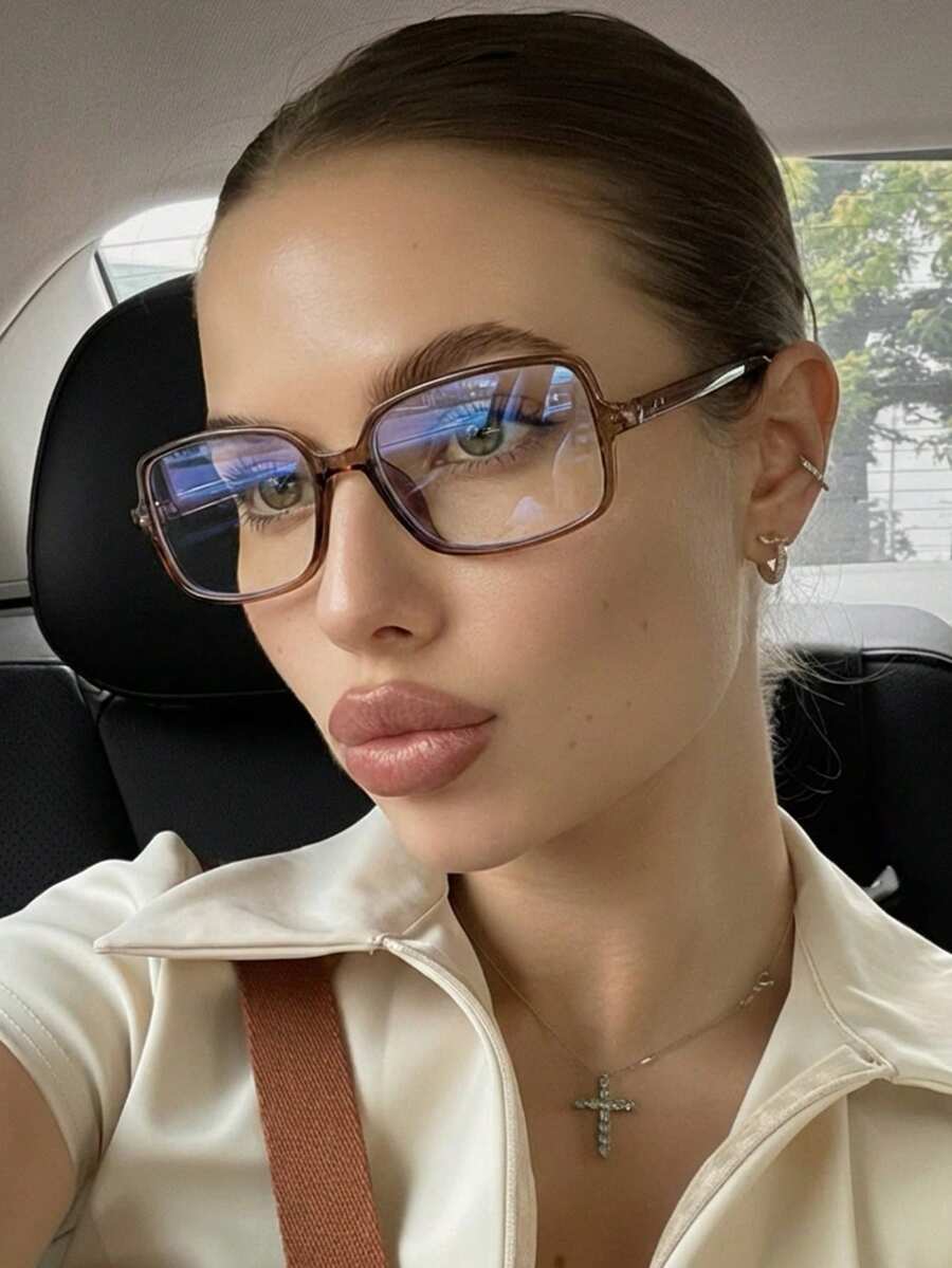 1 Pair Women's Burgundy Rectangular PC Frame Minimalist Solid Color Retro Rivet Clear Lens Glasses - Brown - View 1