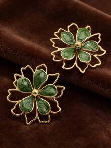 1 pièce/set Élégant rafraîchissant doux bijoux en émail à goutte de fleur de marguerite, comprenant boucles d'oreilles, collier, bague, bracelet. Bijoux floraux dorés à la mode, convient pour les femmes à porter lors de banquets, de fêtes et d'occasions quotidiennes - Vert - Voir 7
