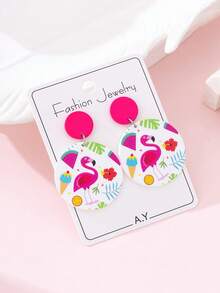 1 Pair Summer Beach Vacation Cute Flamingo Print Enamel Faux Ceramic Texture Fashion Jewelry Earrings, Perfect Gift For Daily Wear And Parties - Multicolor - View 2