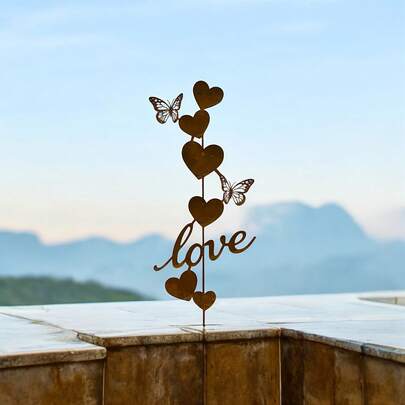 1pc Heart-Shaped Metal Garden Stake, Love And Butterfly Design Iron Decor, Suitable For Yard, Planter, Wedding, Garden, Outdoor Lawn, Valentine's Day Gift