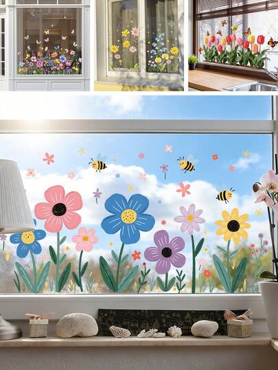 BRUP 1/2 Sheets Spring Flower Window Sticker – Bee & Butterfly Floral Decal For Kitchen, Kids Room, Bathroom Glass | Removable Aesthetic Home Decor