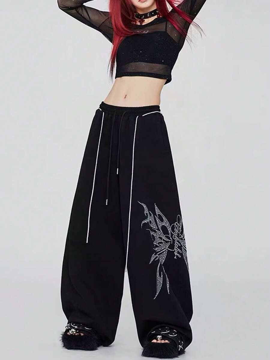 黑色针织阔腿哥特风女式运动裤，饰有水钻，长款设计，适合春季穿着。 - 黑色 - 查看 1