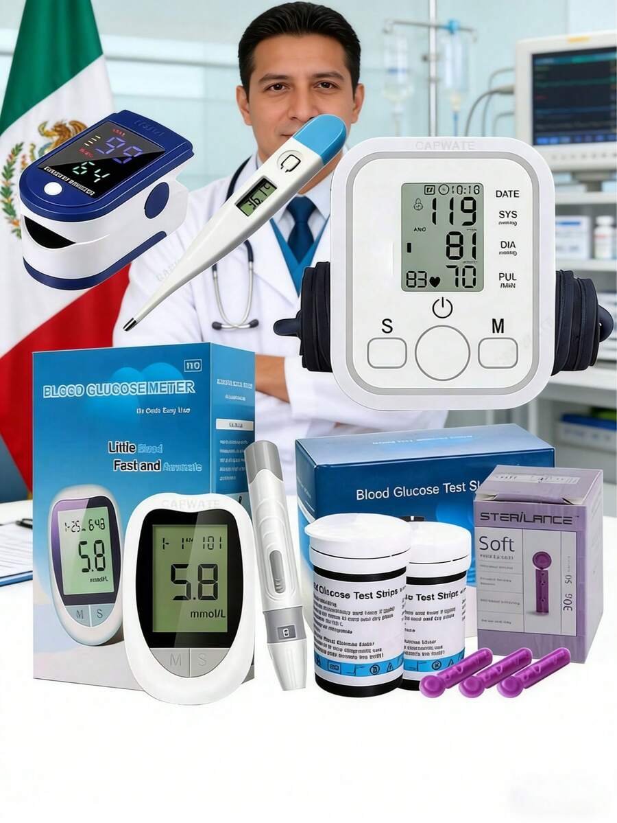 Kit de monitoreo de salud para el hogar: tensió arterial digital + pulso y oxímetro + termómetro clínico → medición precisa de presión arterial, oxígeno en sangre y temperatura corporal → uso sencillo con un solo botón → gestión integral de la salud, incluye indicaciones vocales en mexicano, alimentado por batería y carga USB, glucómetro digital, con 50 pruebas y 50 agujas para tocar sangre. Modelo blanco: diseño ergonómico con mango, pantalla LED grande, batería integrada y operación mediante botones sencillos. Ideal como regalo para padres y abuelos.
