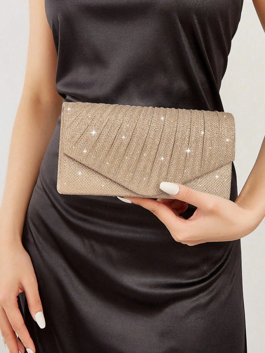 REMANLAND Minimalist And Sleek Clutch With Glitter Diagonal Pleated Accents, Featuring Clean Lines, A Refined Glitter Finish, Streamlined Diagonal Pleats And Envelope Silhouette. Seamlessly Transitions From Office Meetings To Business Dinners, Balancing Professionalism With Subtle Luxury For Everyday Elegance. It Is The Best Gift For Women - Champagne - View 1