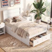Twin Size Bed Frame W/Storage Drawers Headboard Wooden Slat&Enclosed Base - trắng - Xem 3