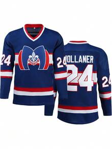 24# 蓝色冰球长袖T恤，男士休闲刺绣V领派对运动上衣 - 藍色 - 查看 1