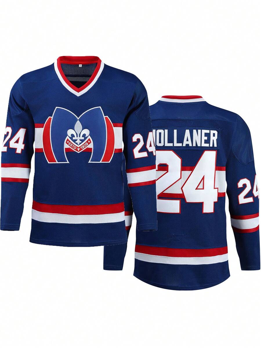 24# 蓝色冰球长袖T恤，男士休闲刺绣V领派对运动上衣 - 藍色 - 查看 1