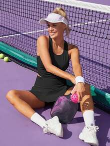 Women's Solid Color Fitted Tank Top And Shorts Tennis Outfit - Black - View 2