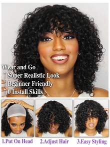 150% 密度深卷真人发假发，带刘海 - 湿发波浪造型，即戴即走，无需胶水，自然黑发，8-22、24、26、28、30 英寸，巴西真人发 - Natural Black - 查看 8