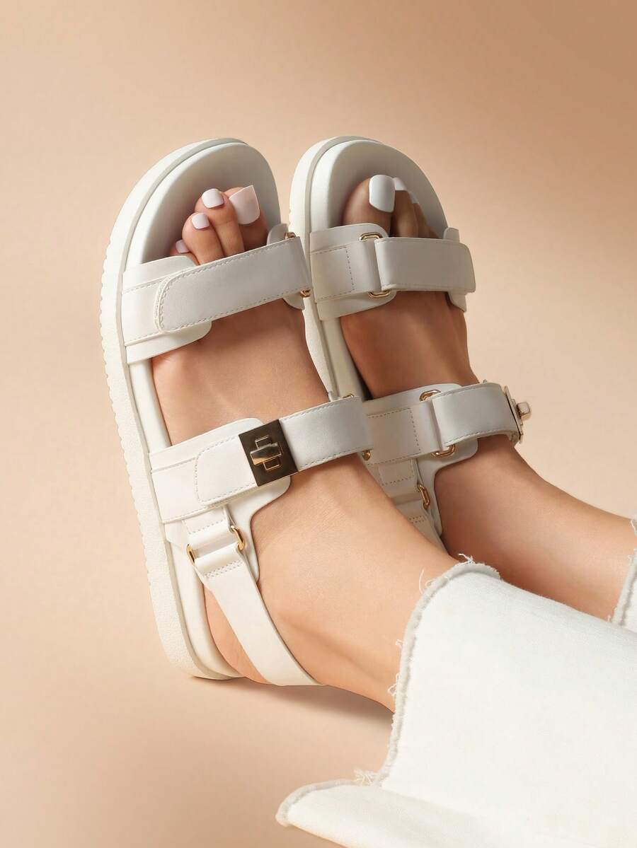 Flat Sandals For Women Comfortable Open Toe Summer Sandals Adjustable Fashion Cute Casual Sandals Shoes - 白色 - 查看 1